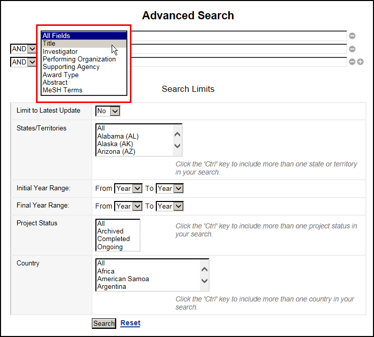 Advanced Search page with dropdown showing fields available for search.