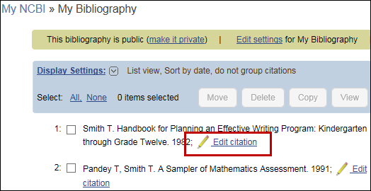 screen shot of Uploaded citations from ERIC listed in My Bibliography.
