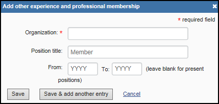 screen shot of Add other experience and professional membership form.