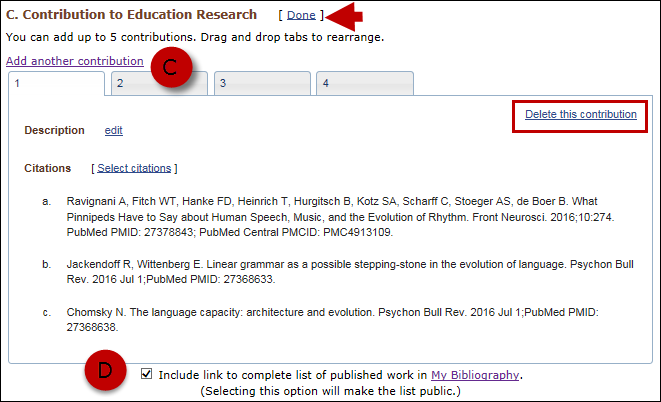 screen shot of Add contribution tabs and select to include a link to My Bibliography collection