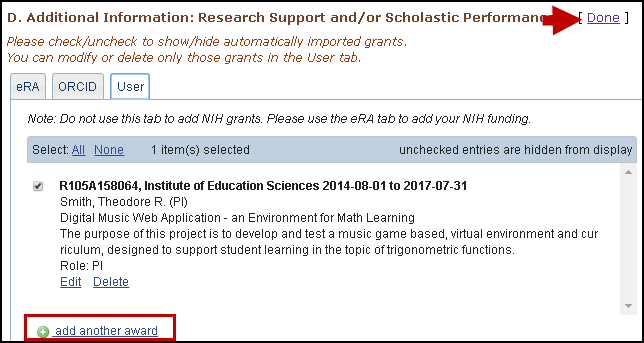 screen shot of Research Support/Scholastic Performance section