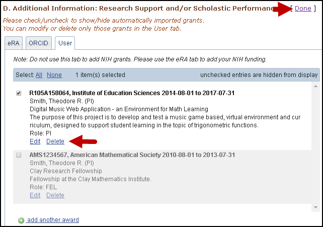 screen shot of Delete/edit or hide/display entries in Research Support/Scholastic Performance
