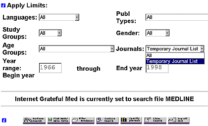 Screen Shot of Internet Grateful Med Journals Display