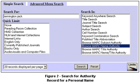Example of search screen for searching the authority data for an individual in LocatorPlus