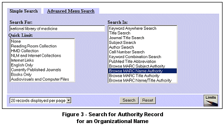 Example of search screen for searching the authority data for an organization in LocatorPlus