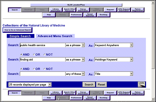 Screen capture of a Holdings Keyword search for archival materials by or about the Public Health Service that have finding aids. The MARC 21 holdings keyword field contains information on the electronic location and access to resources related to the described material, such as the finding aids produced by the NLM History of Medicine staff.