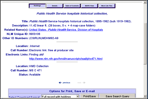 Screen capture of a LocatorPlus record from the results of a search that shows the keyword phrase Finding aid in the Holdings information.