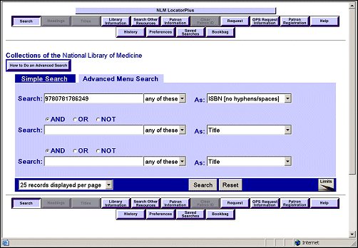 Screen capture of LocatorPlus search screen showing an Advanced Menu Search for an ISBN.