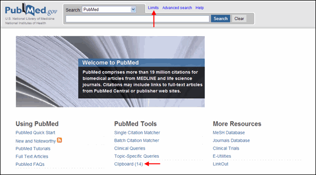 Screen capture of PubMed homepage with new Limits and Clipboard links.