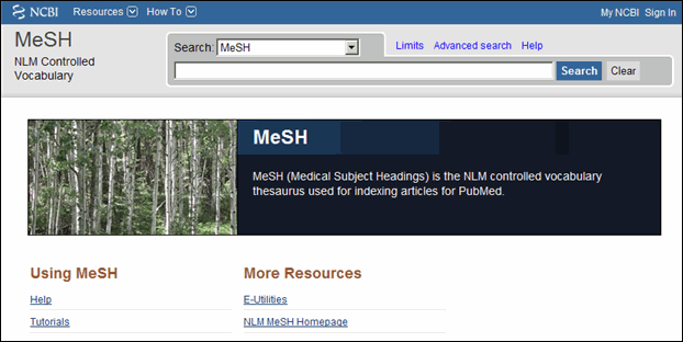Screen capture ofMeSH database homepage.