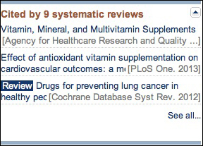 Screen capture of the Cited by systematic reviews portlet