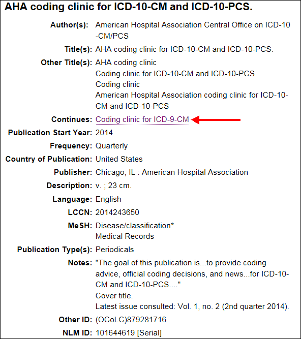 Select the title in the Continues field of the NLM Catalog.