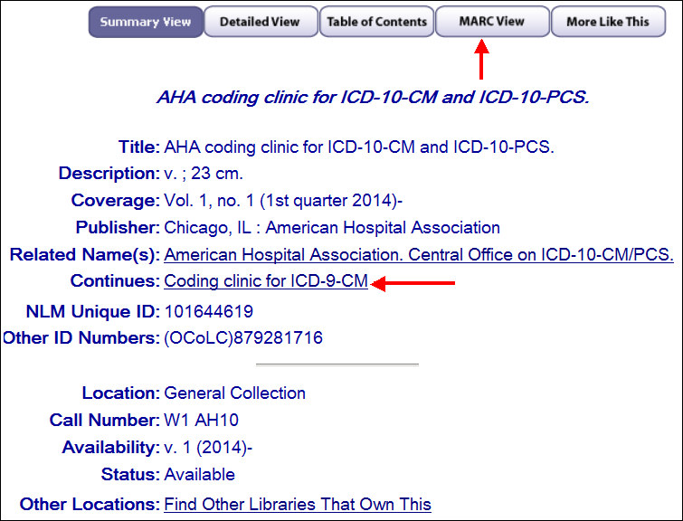 Select the MARC View tab to find the NLM UI to search for the related title in LocatorPlus.