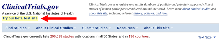 Link to beta testing from ClinicalTrials.gov homepage.