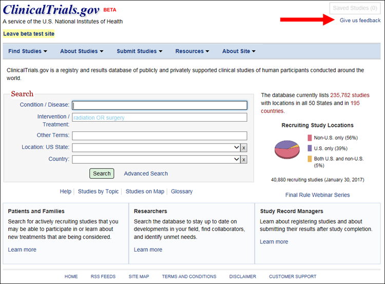 Give Us Feedback link on ClinicalTrials.gov beta site.
