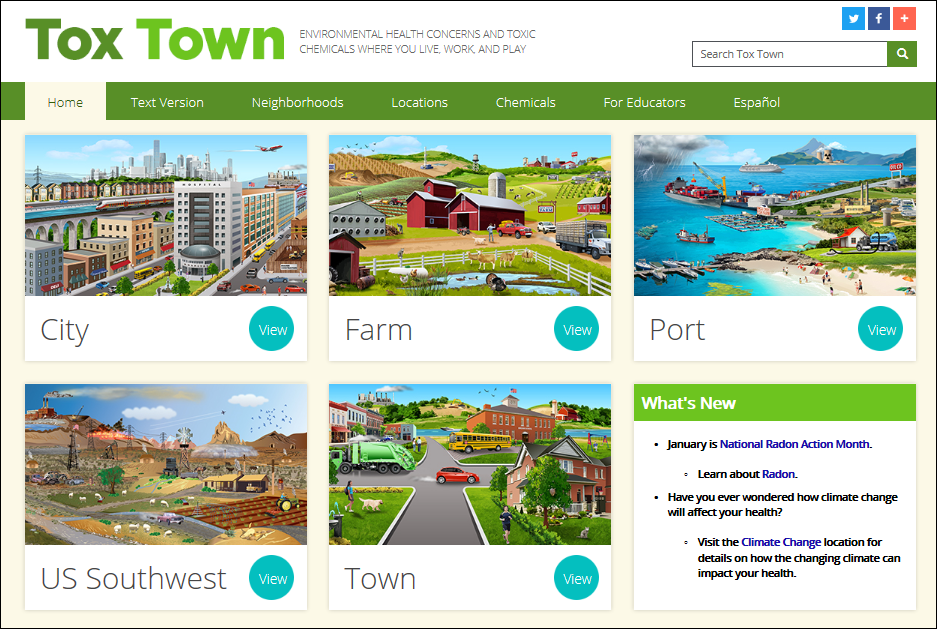 screen shot of Tox Town homepage