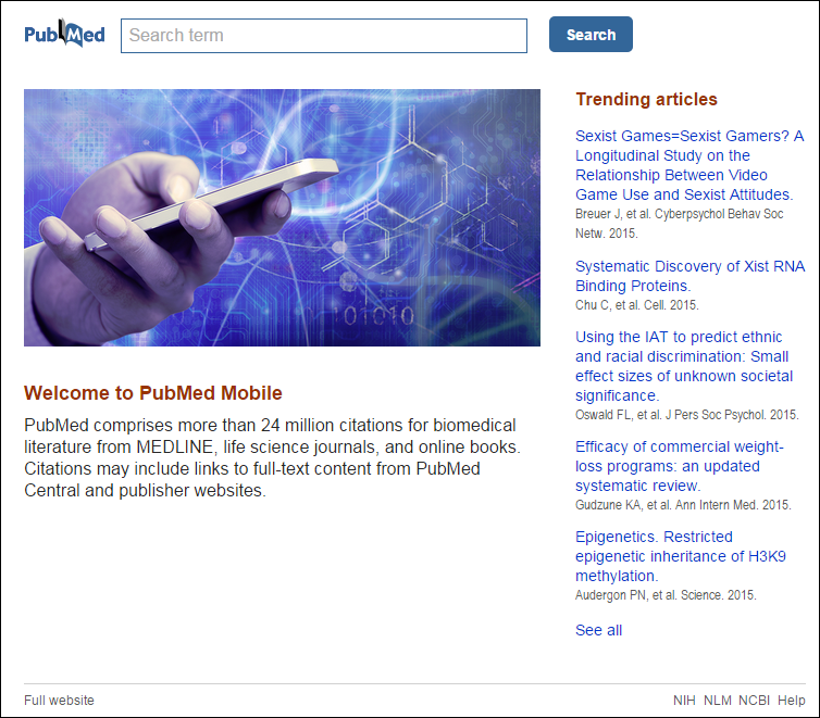 PubMed Mobile homepage with Trending articles