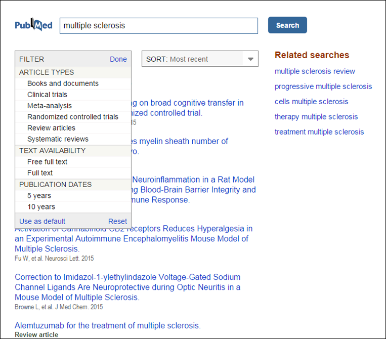 PubMed Mobile results page with filter selections displayed.