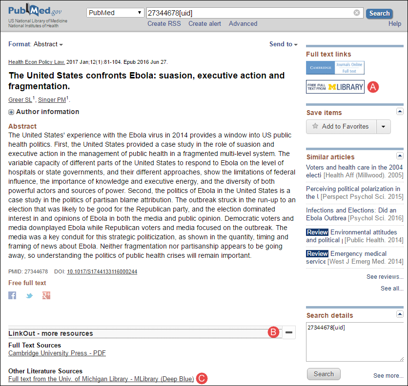 PubMed abstract display with the University of Michigan's Institutional Repository icon.
