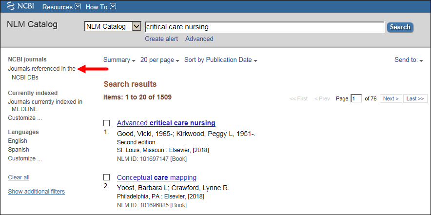 Sidebar filter display highlighting Journals referenced in the NCBI DBs