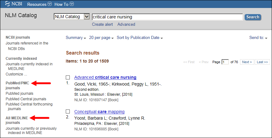 Sidebar filter display highlighting PubMed/PMC journals and All MEDLINE journals