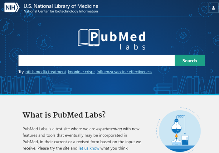 screenshot of PubMed Labs homepage.