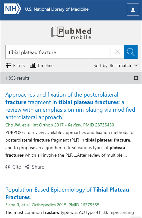 screenshot of PubMed mobile search results for tibial plateau fracture.