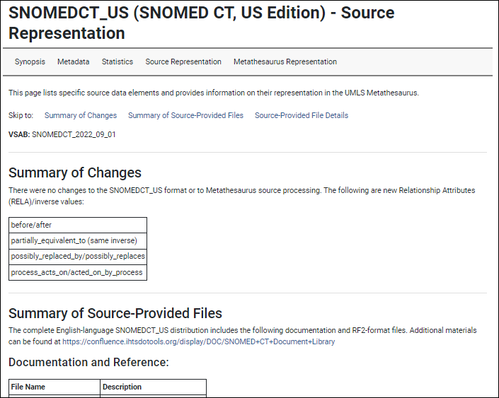 Screenshot of SNOMED CT source representation page