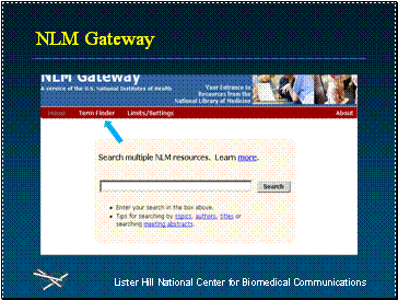 NLM Gateway home page, pointing out link to Term Finder