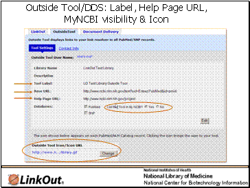 Outside Tool/DDS: Label, Help Page URL, MyNCBI visibility & Icon