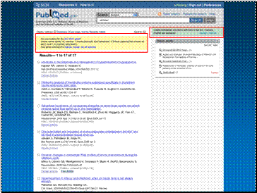 Prototype Redesign of PubMed search result page with Limits message and Gene Sensor message.