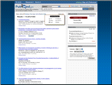 Prototype redesign of PubMed summary display, showing Send To control panel.