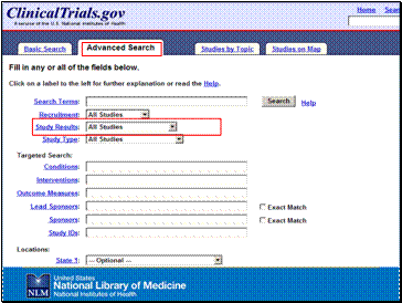 ClinicalTrials.gov Advance Search page, showing the Study Results option.