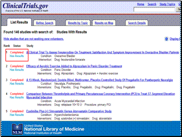 ClinicalTrials.gov Search results list, showing the "has results" caption.