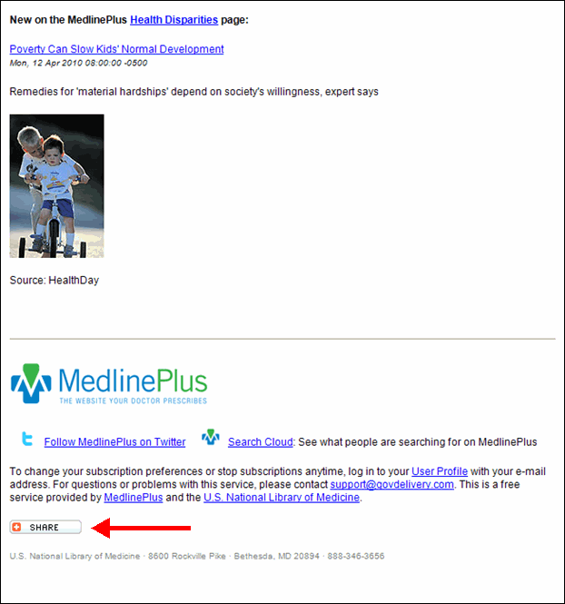 Screen capture of E-mail update for the MedlinePlus Health Disparities topic