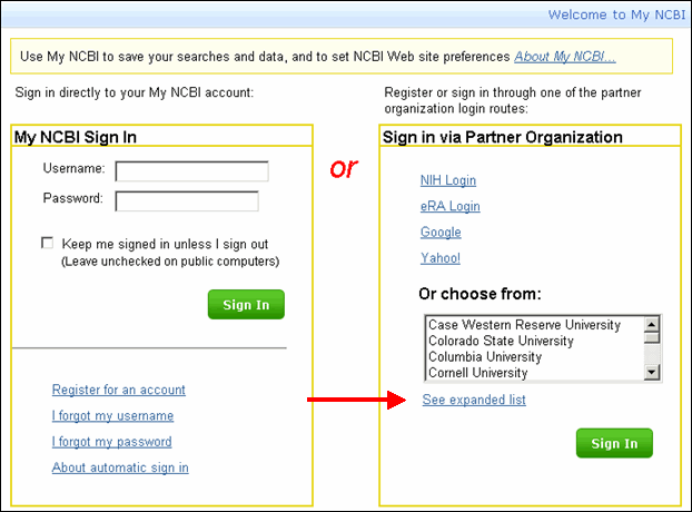 Screen capture of New My NCBI sign in page.