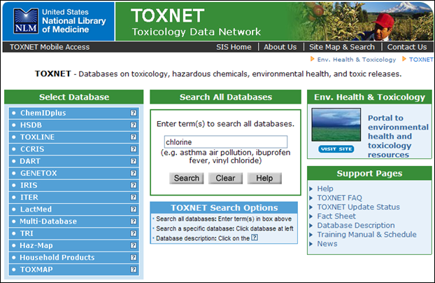 Screen capture of TOXNET homepage with Search All Databases feature.