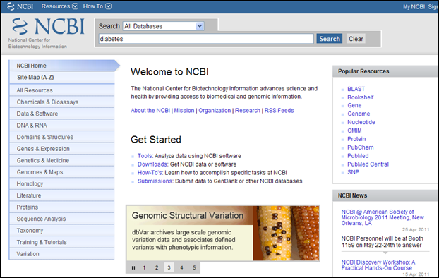 Screen capture of NCBI homepage and All Databases option in the search box