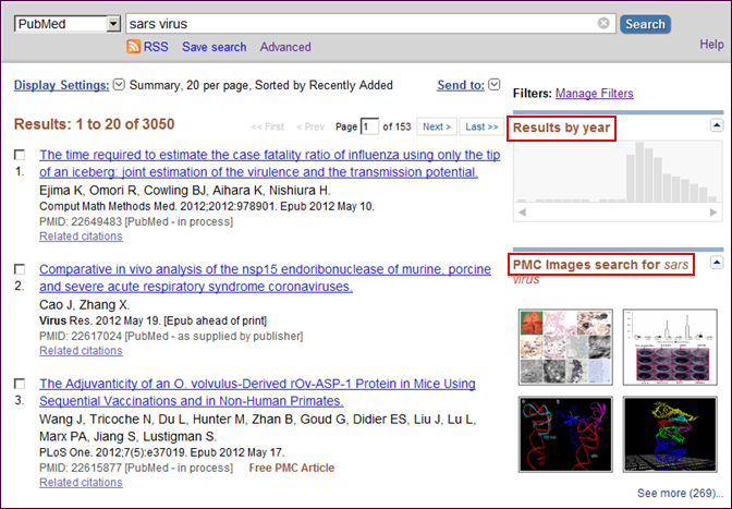 Screen capture of PubMed results with "Results by year" and "PMC images search" tools