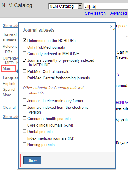Screen capture of the Journal Subsets filter menu