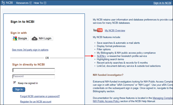 Screen capture of Link to SciENcv from My NCBI login page.