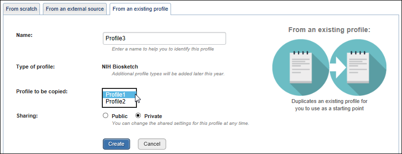 Screen capture of SciENcv new create a profile page from an existing profile.