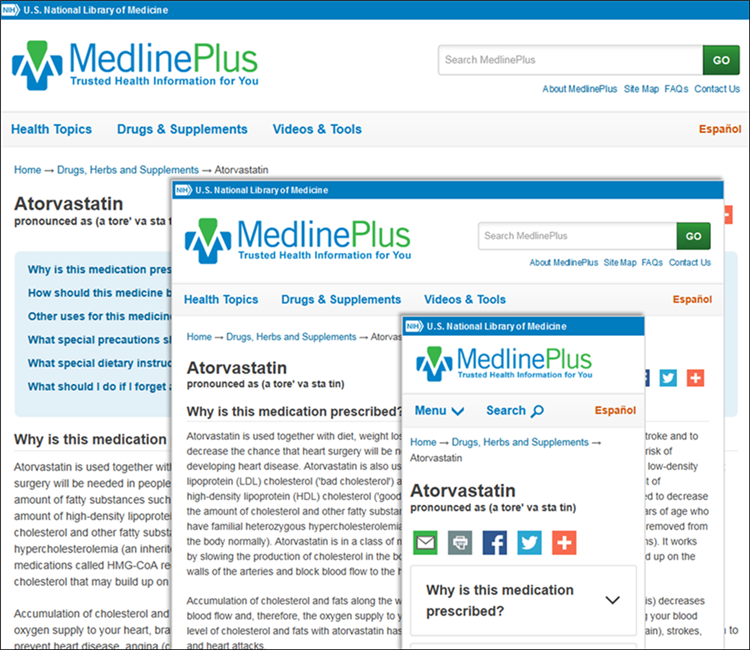 screen shot of MedlinePlus homepage for desktop, tablet, and smartphone