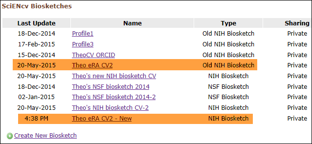 screen shot of Old and new NIH Biosketches stored in SciENcv
