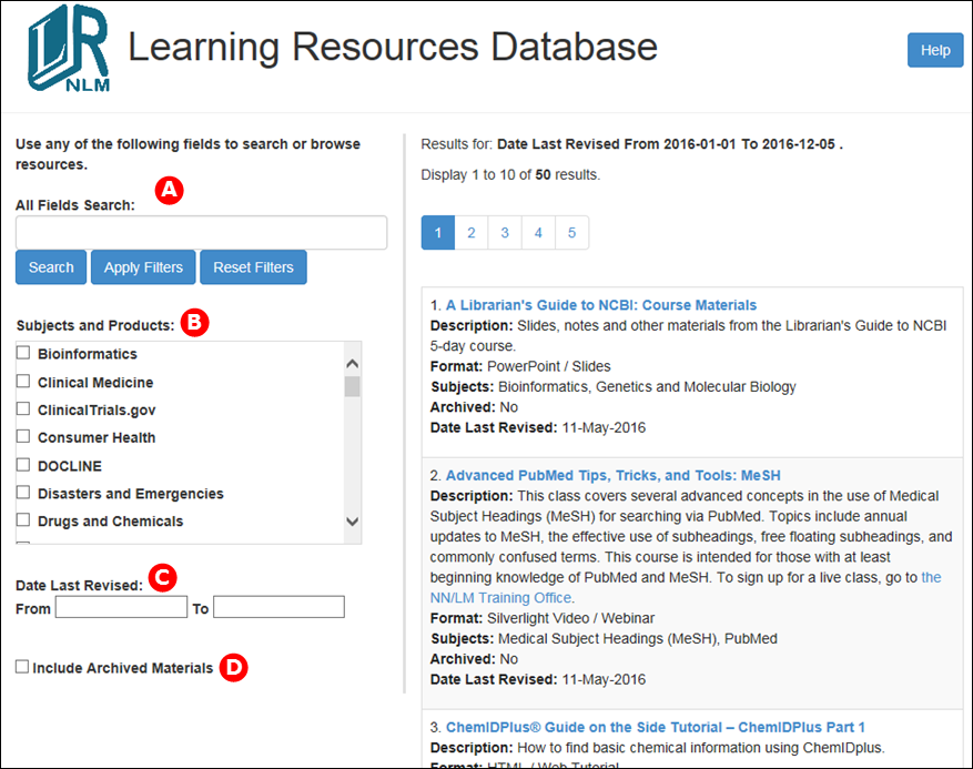 Learning Resources Database homepage.