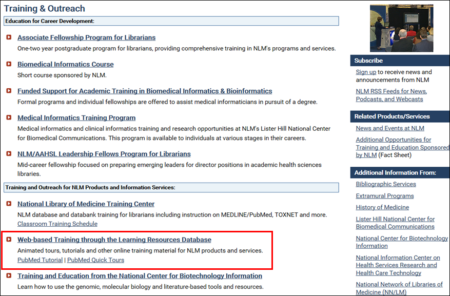 NLM Learning Resources accessed from the Training and Outreach Web page.