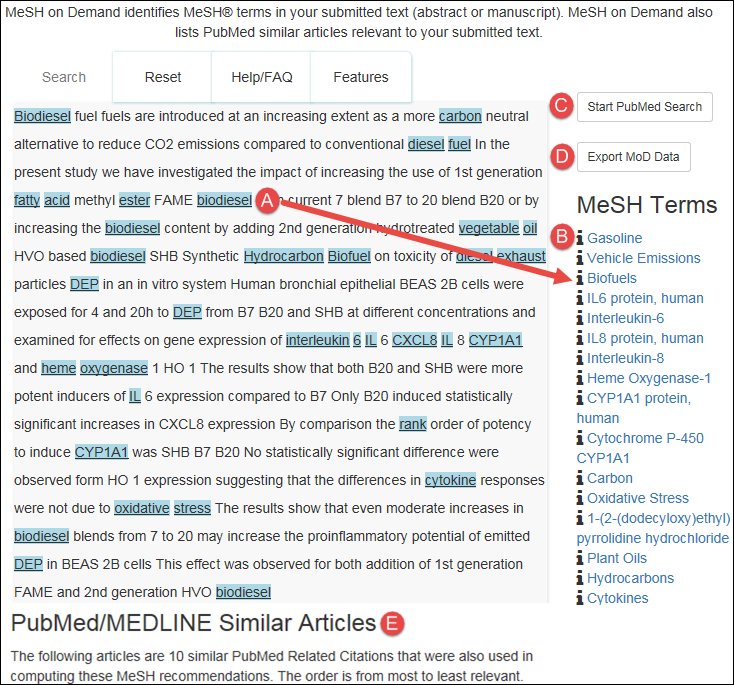 MeSH on Demand results page with text words that correspond to MeSH terms highlighted