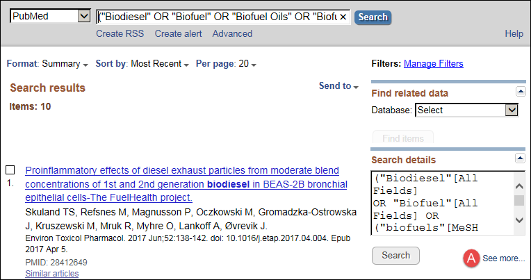 PubMed Search results page
