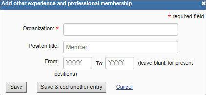 Add other experience and professional membership form