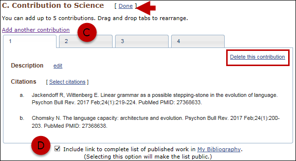 Add contribution tabs and select to include a link to My Bibliography collection